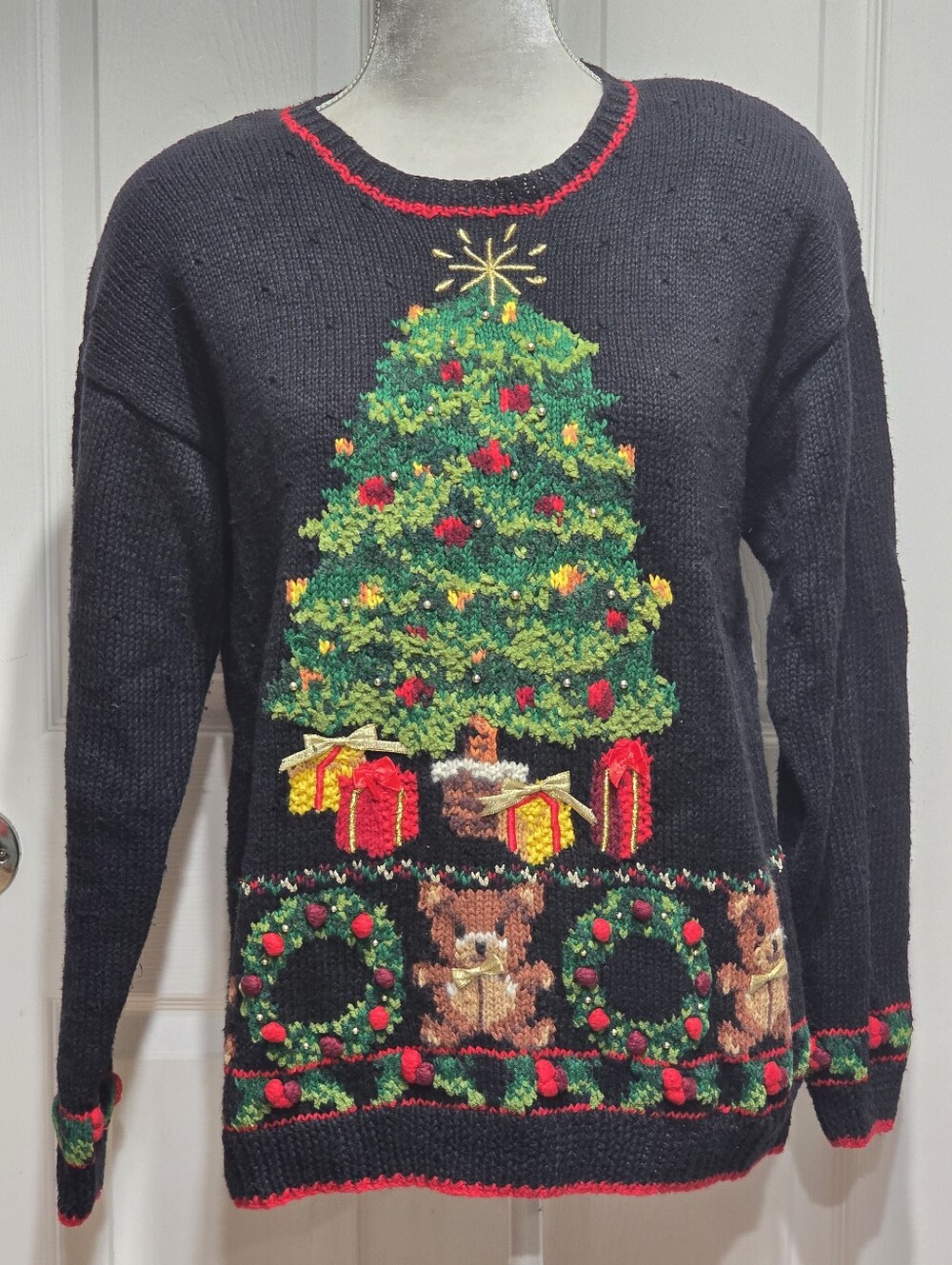 Vintage Casual Corner Christmas Tree Knit Sweater Gift Wreath Teddy Bear Motif
